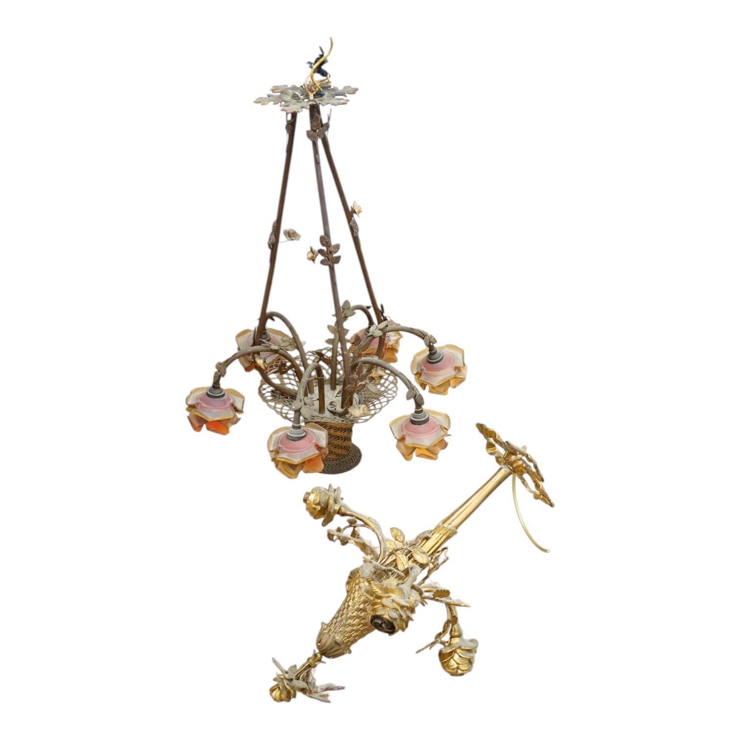 A gilt metal ‘basket of flowers’ electrolier and a similar smaller example. Condition - not tested